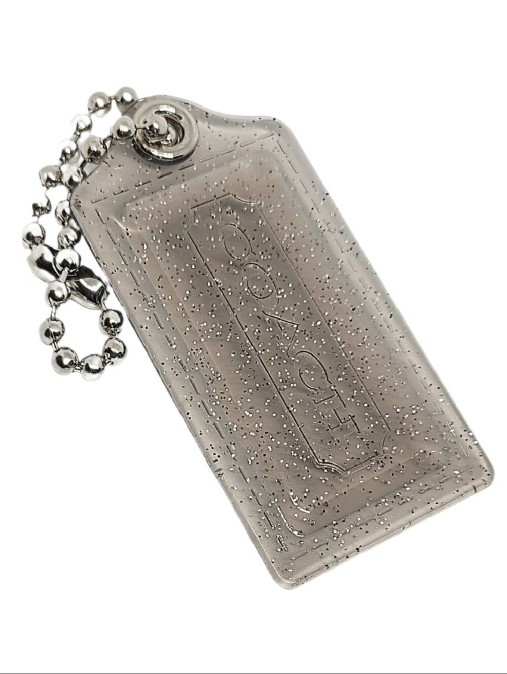 😍 3.5" Coach Poppy XL Smokey Gray Glitter Lucite Hangtag Bag Fob Charm Keychain